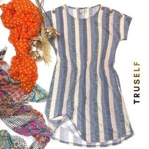 TruSelf Striped Linen Blend Tunic Dress - Blue & Cream L